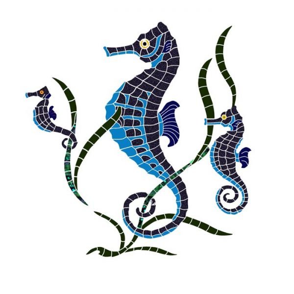 SEAHORSE GROUP W/GRASS Pool Mosaic Tile